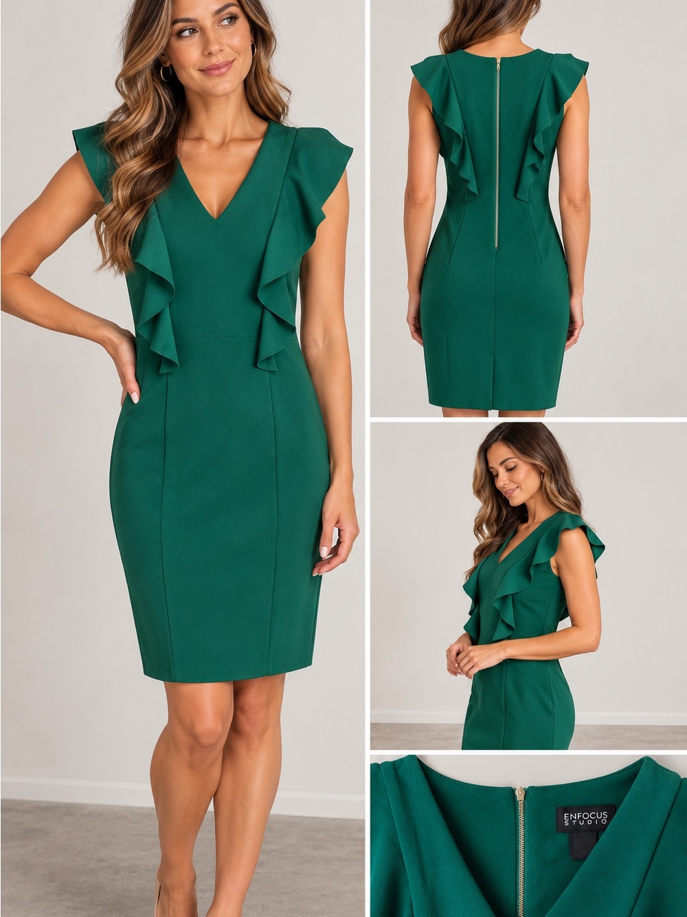Enfocus Studio Green Ruffle V-Neck Midi Sheath Dress
